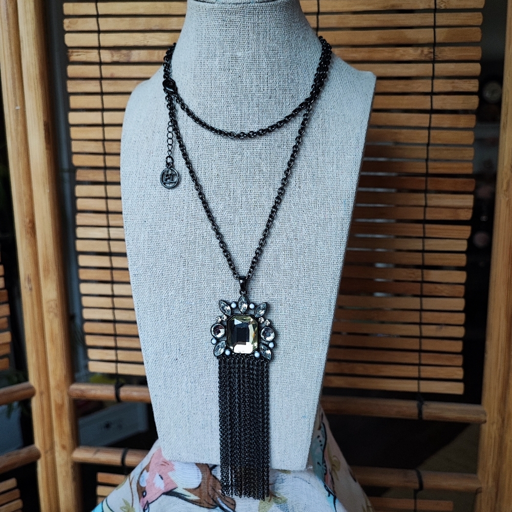 Erica Lyons Emerald Cut Citrine Gunmetal Chain Clear Rhinestone Tassel Necklace